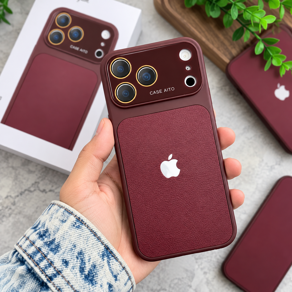 Premium Leather Style Case – Burgundy Textured Back Cover with Camera Protection