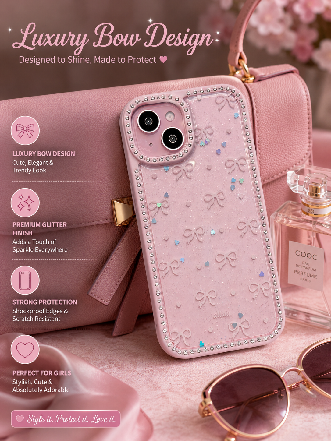 Caseit Bow Crystal Luxe Case for iPhone with glitter hearts, bow pattern, rhinestone border, and shockproof protection