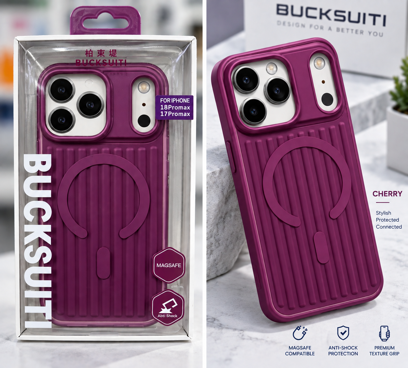 Bucksuiti Corrugated MagSafe Case for iPhone 18 Pro Max in Light Blue and Cherry