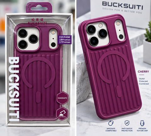 Bucksuiti Corrugated MagSafe Case for iPhone 18 Pro Max in Light Blue and Cherry