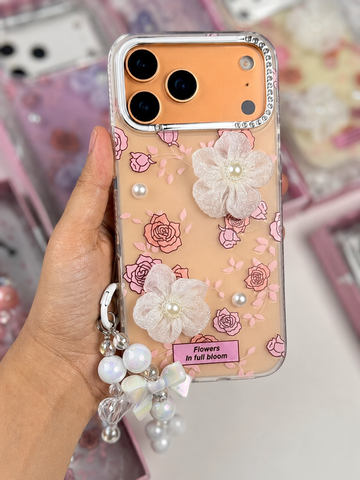 Caseit Bloom Pearl Floral Case with Beaded Charm for iPhone - Luxury Transparent Shockproof Phone Case