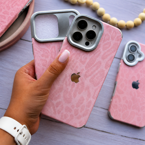 Leopard Luxe – Premium Leather iPhone Case with Metal Frame & Apple Logo
