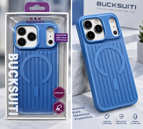 Bucksuiti Corrugated MagSafe Case for iPhone 18 Pro Max in Light Blue and Cherry