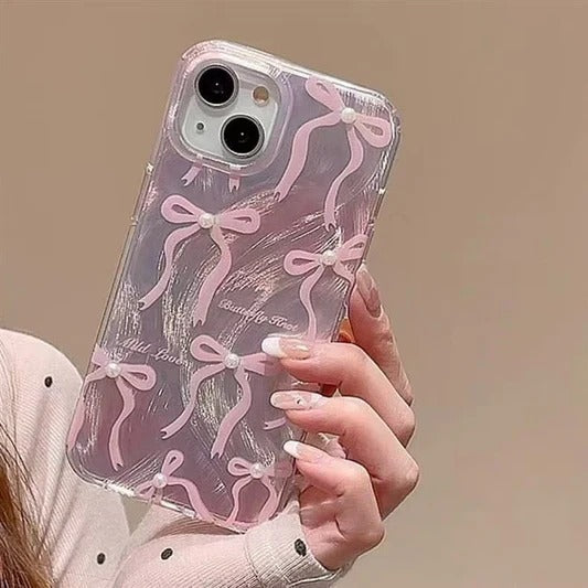 Caseit Bow Ribbon Pearl Glitter Clear iPhone Case with Pink Ribbon Design, Shockproof TPU Protective Back Cover