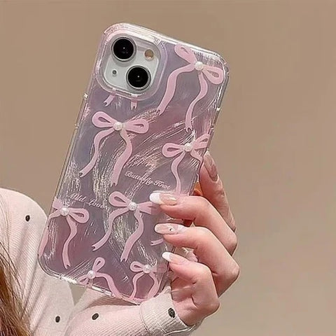 Caseit Bow Ribbon Pearl Glitter Clear iPhone Case with Pink Ribbon Design, Shockproof TPU Protective Back Cover
