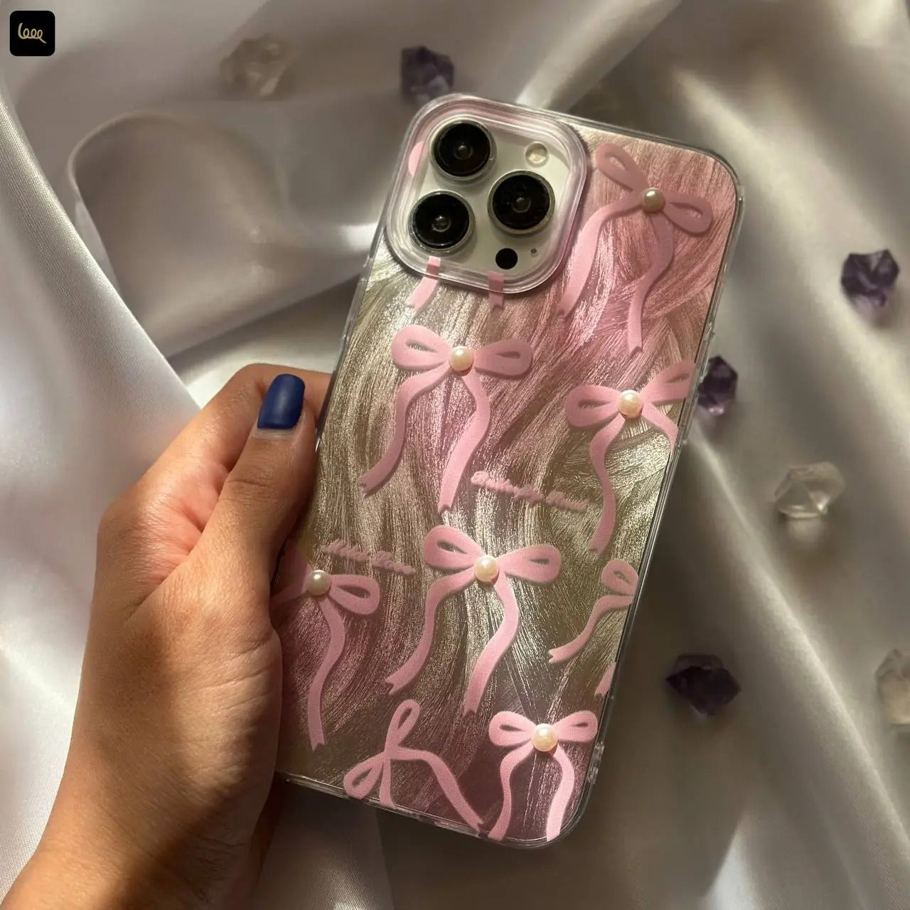 Caseit Bow Ribbon Pearl Glitter Clear iPhone Case with Pink Ribbon Design, Shockproof TPU Protective Back Cover