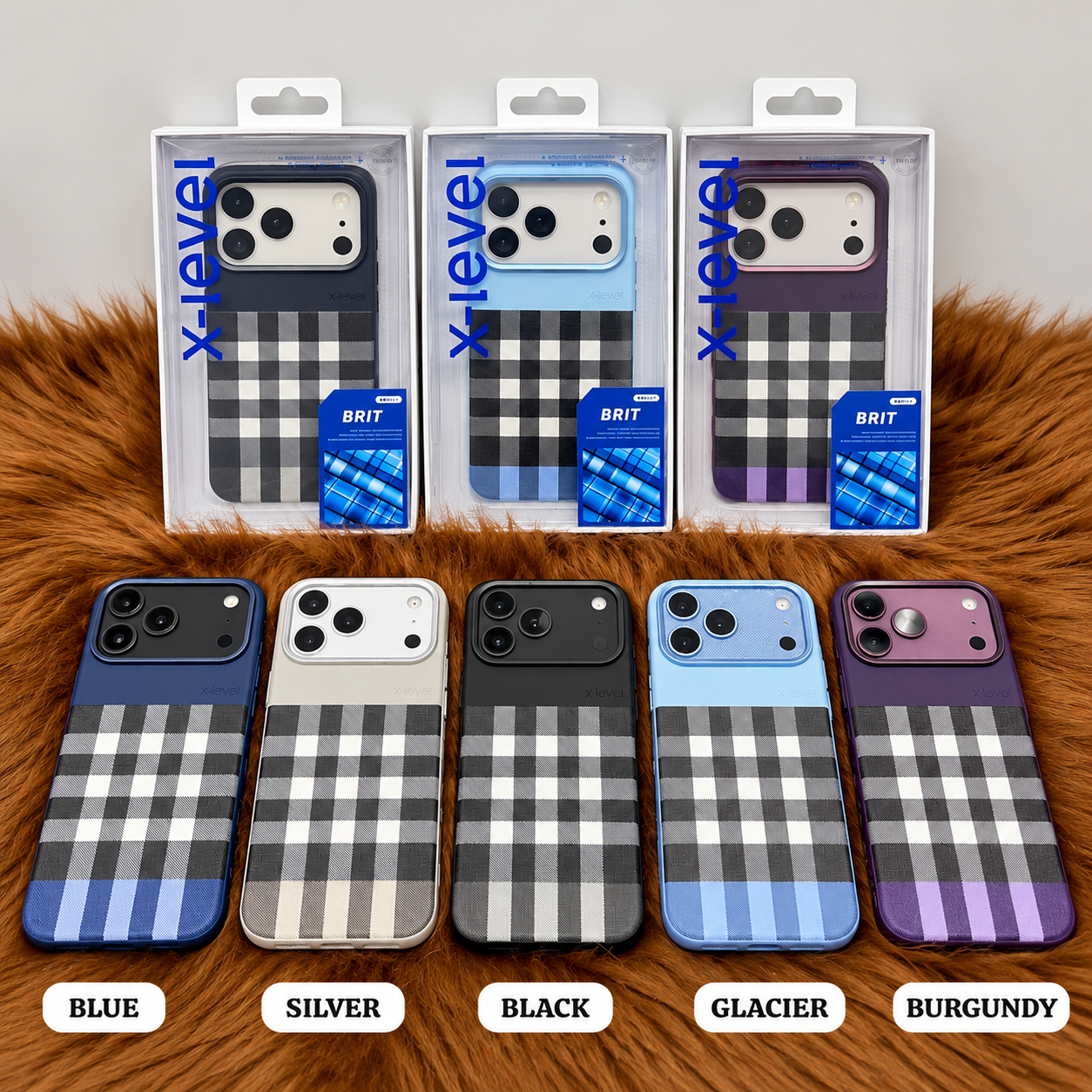 Original XLEVEL BRIT premium plaid checkered case for iPhone 18 Pro Max in Blue, Silver, Black, Glacier and Burgundy