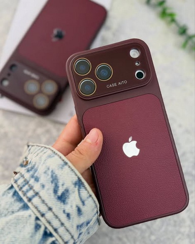 Premium burgundy leather style phone case with textured back and raised camera protection