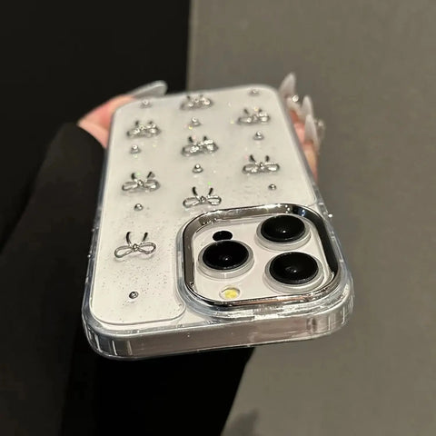 Cute silver bow glitter iPhone case with 3D silver bows and clear protective edges